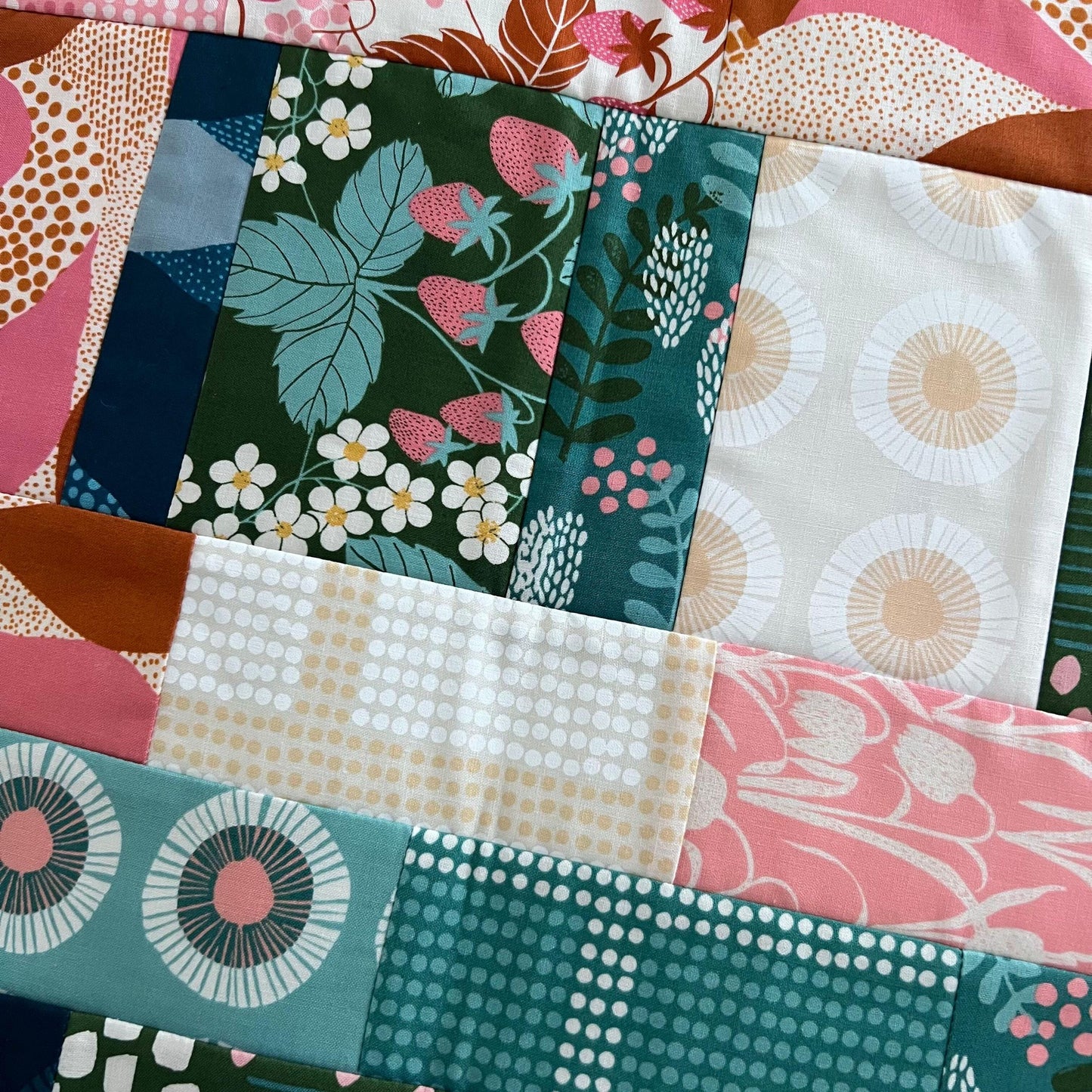 Navy Blue Pink Teal Floral Quilted Table Runner, 17" x 40", Handmade Blue Pink Green Teal Patchwork Table Runner Quilt