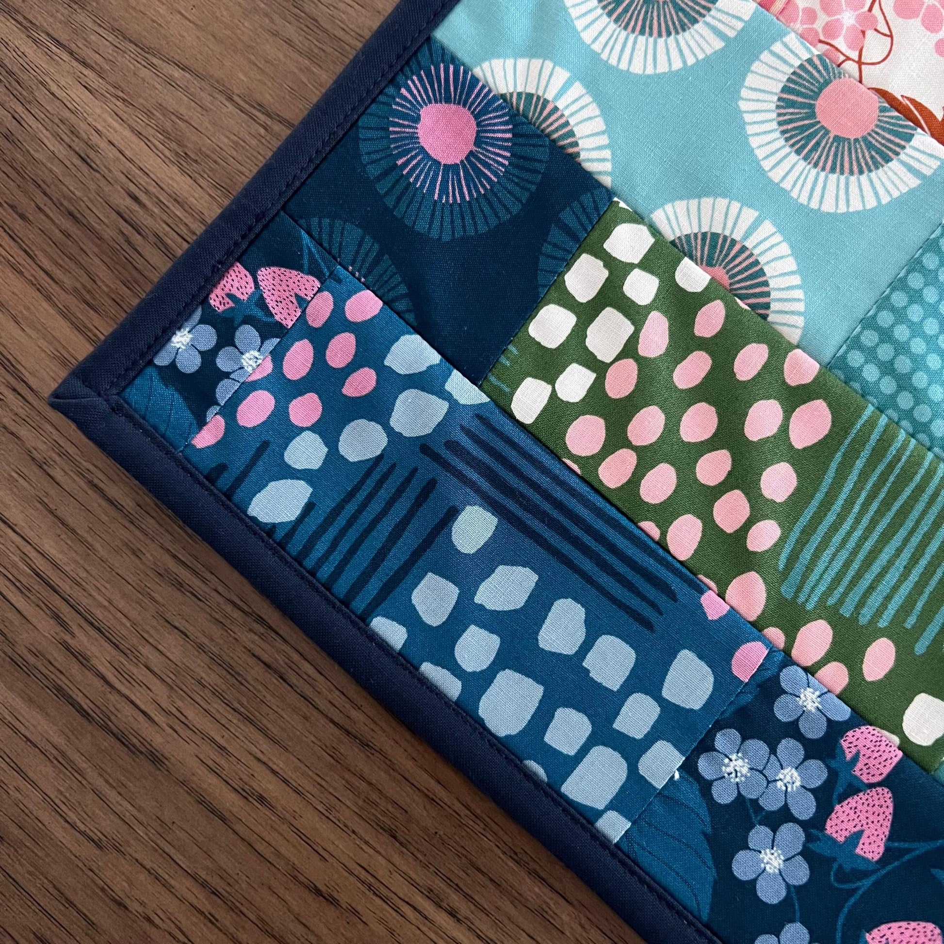 Navy Blue Pink Teal Floral Quilted Table Runner, 17" x 40", Handmade Blue Pink Green Teal Patchwork Table Runner Quilt