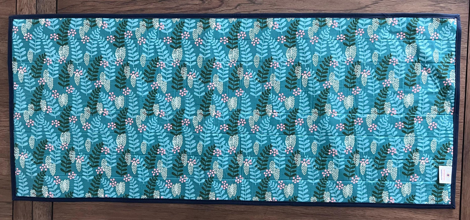 Navy Blue Pink Teal Floral Quilted Table Runner, 17" x 40", Handmade Blue Pink Green Teal Patchwork Table Runner Quilt