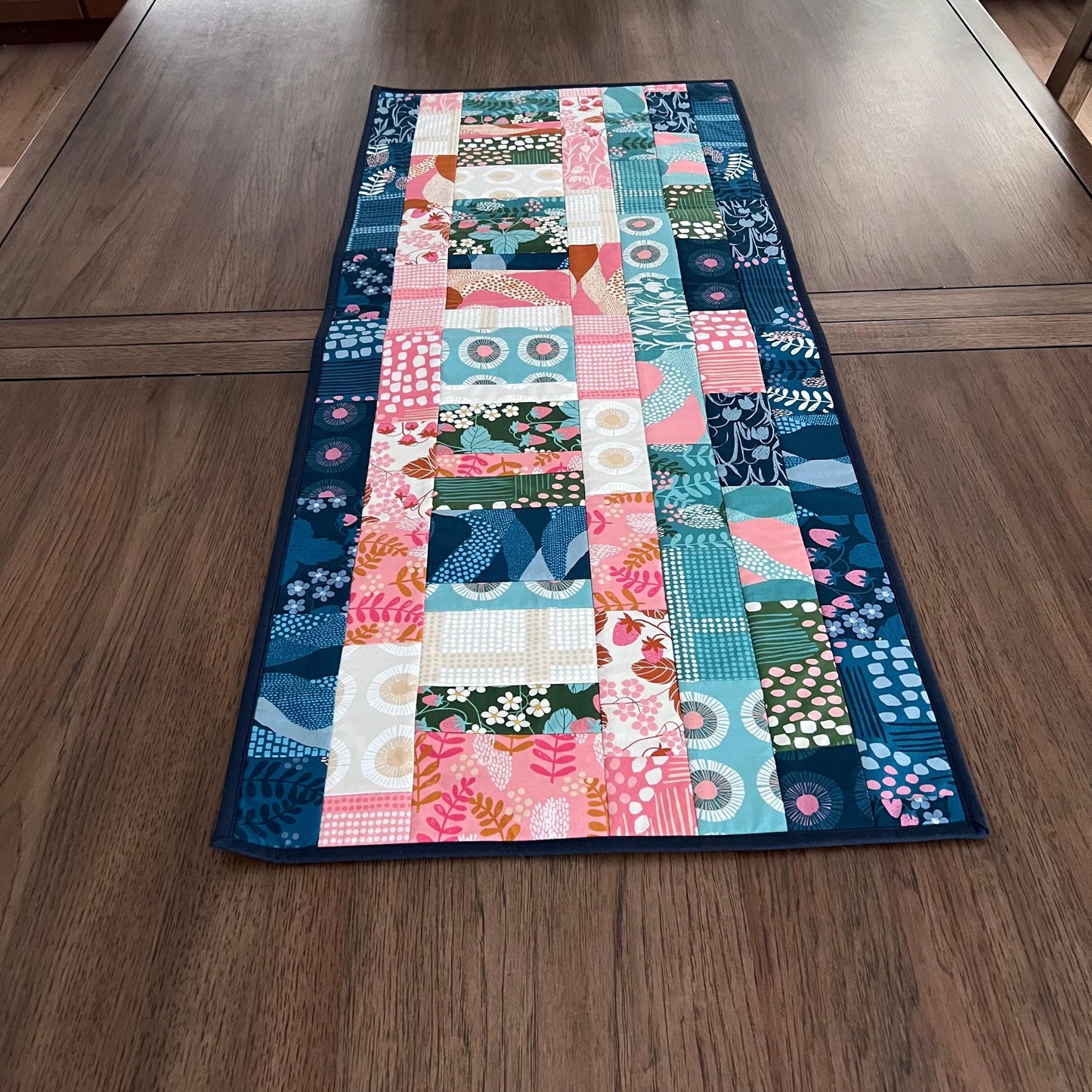 Navy Blue Pink Teal Floral Quilted Table Runner, 17" x 40", Handmade Blue Pink Green Teal Patchwork Table Runner Quilt