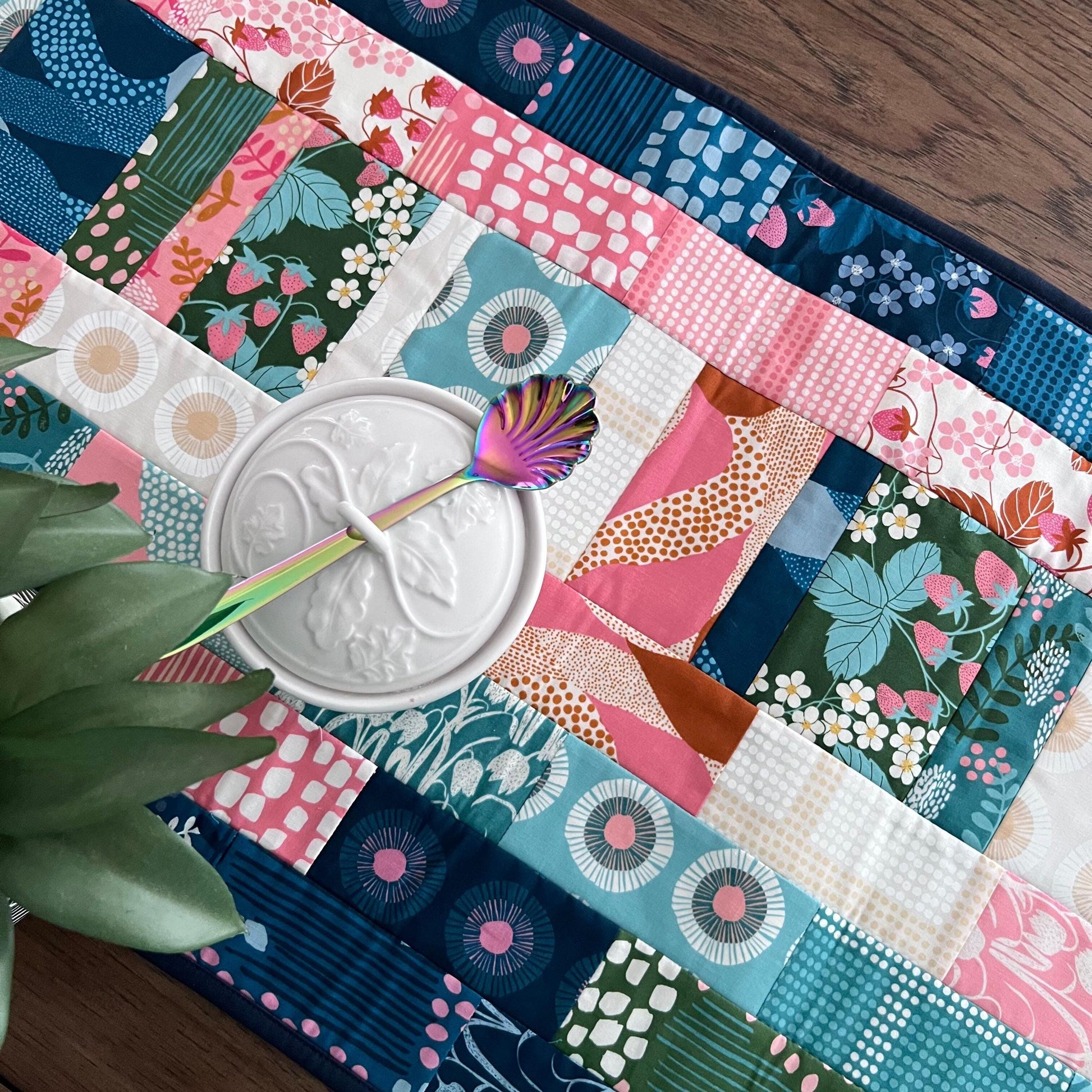 Navy Blue Pink Teal Floral Quilted Table Runner, 17" x 40", Handmade Blue Pink Green Teal Patchwork Table Runner Quilt