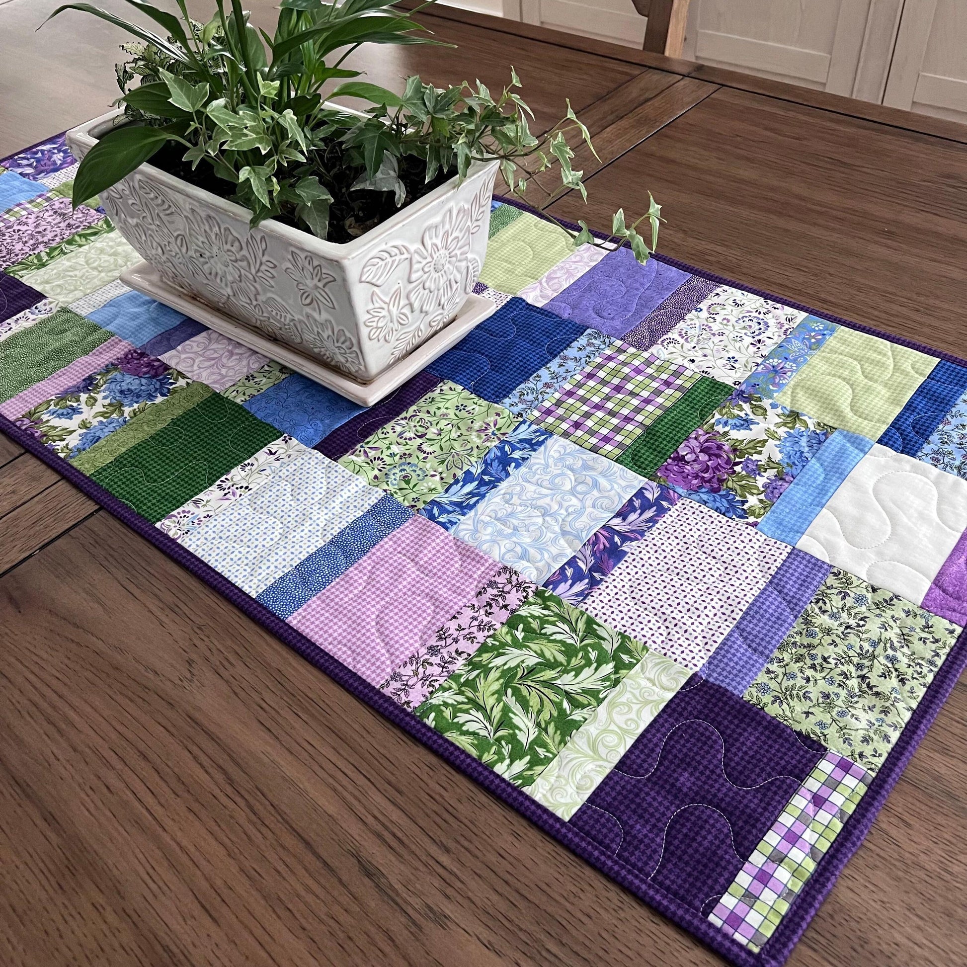 Purple Green Floral Patchwork Quilted Table Runner, 18.25" x 40.25", Handmade Purple Green Blue White Floral Table Runner Quilt