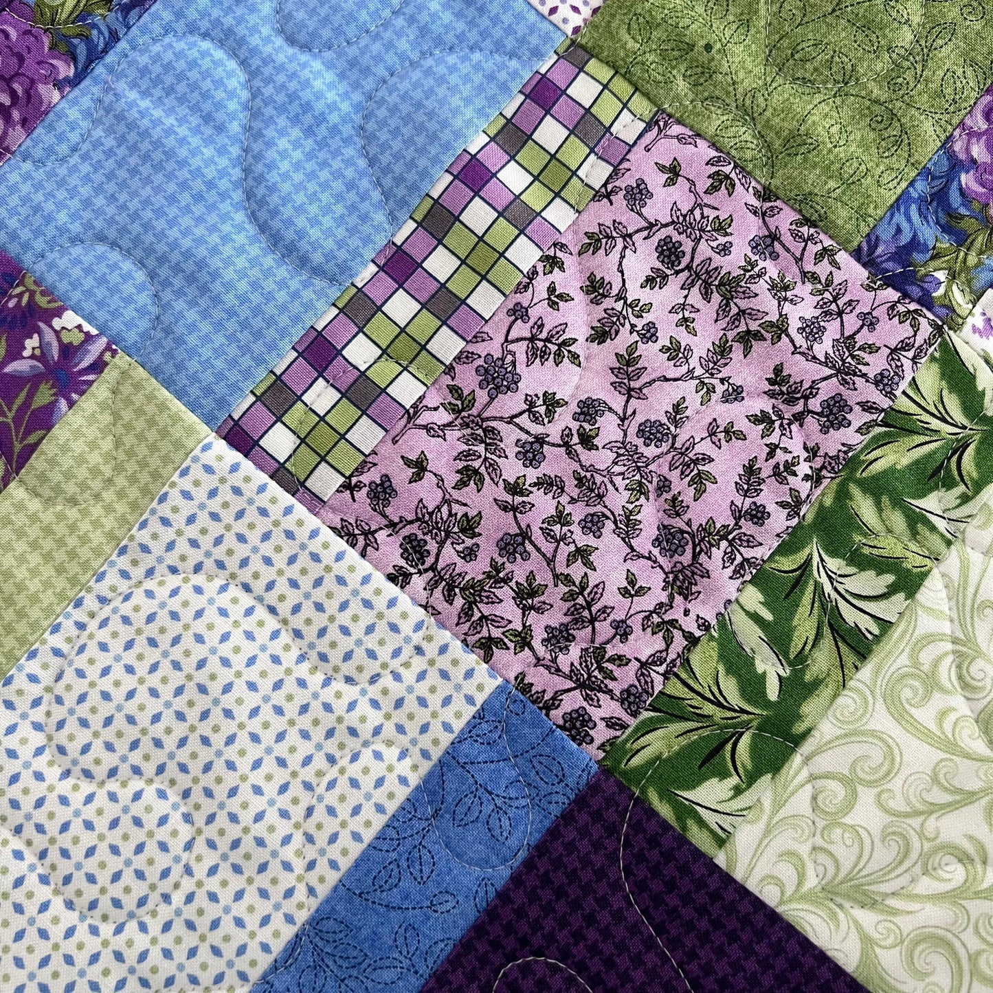 Purple Green Floral Patchwork Quilted Table Runner, 18.25" x 40.25", Handmade Purple Green Blue White Floral Table Runner Quilt