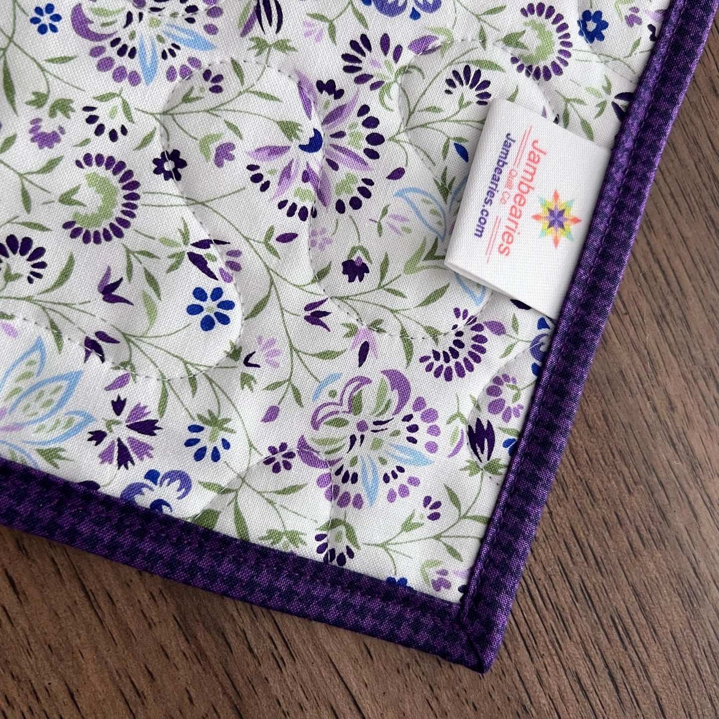 Purple Green Floral Patchwork Quilted Table Runner, 18.25" x 40.25", Handmade Purple Green Blue White Floral Table Runner Quilt
