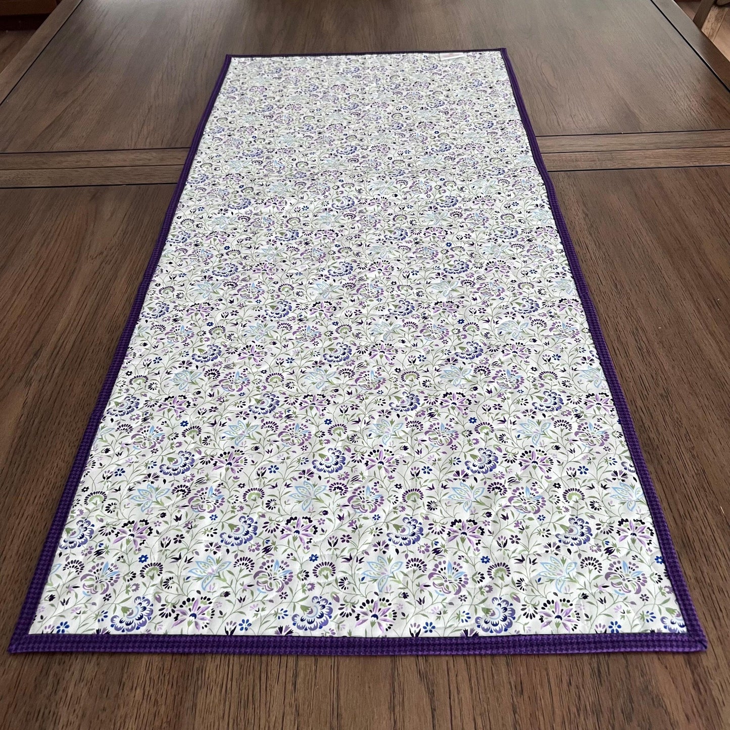 Purple Green Floral Patchwork Quilted Table Runner, 18.25" x 40.25", Handmade Purple Green Blue White Floral Table Runner Quilt