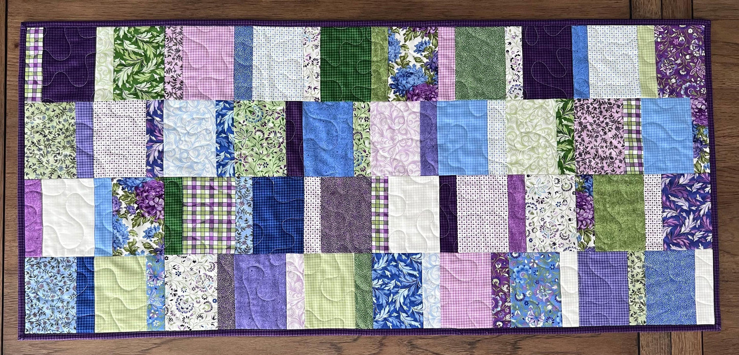 Purple Green Floral Patchwork Quilted Table Runner, 18.25" x 40.25", Handmade Purple Green Blue White Floral Table Runner Quilt