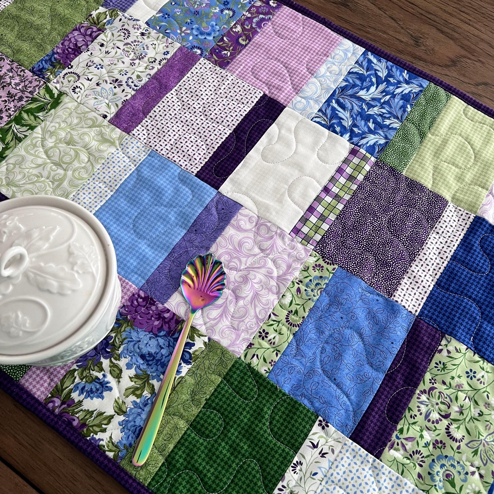 Purple Green Floral Patchwork Quilted Table Runner, 18.25" x 40.25", Handmade Purple Green Blue White Floral Table Runner Quilt