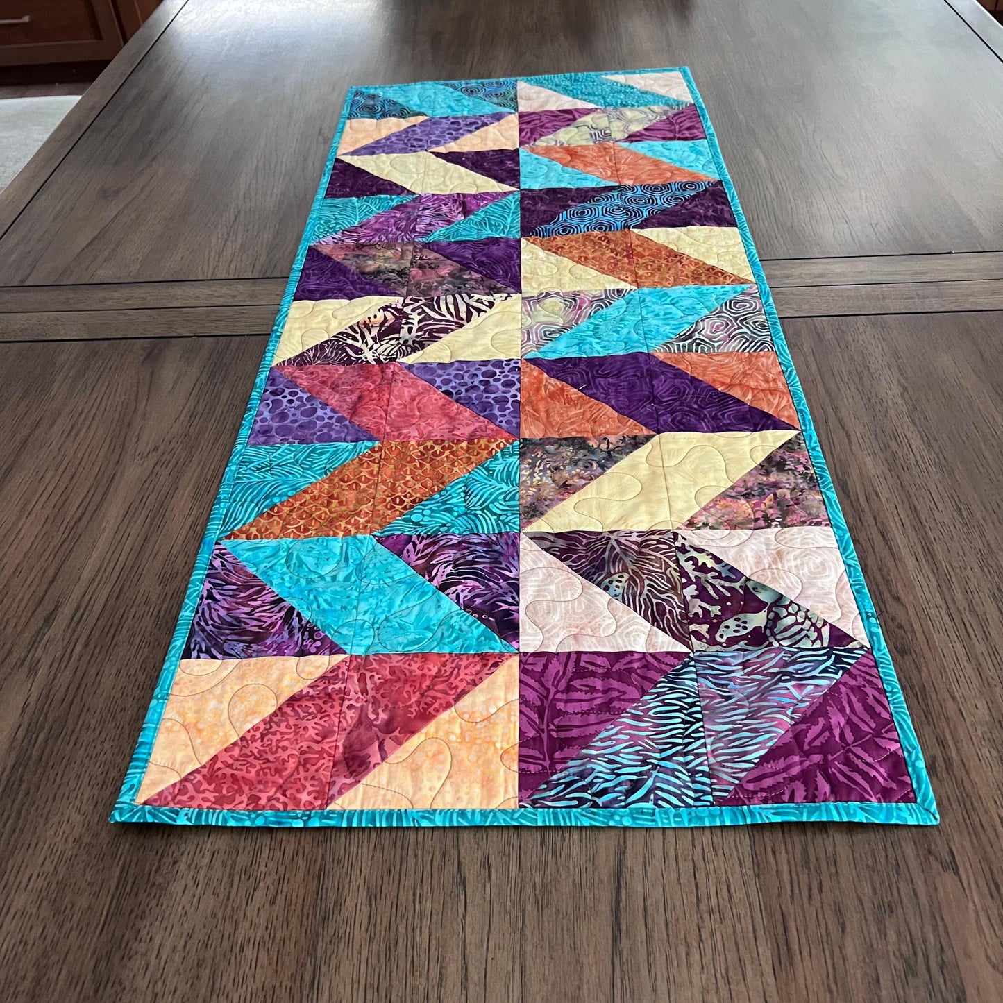Teal Rust Purple Batik Chevron Quilted Table Runner, 16.5" x 40", Handmade Batik Chevron Table Runner Quilt