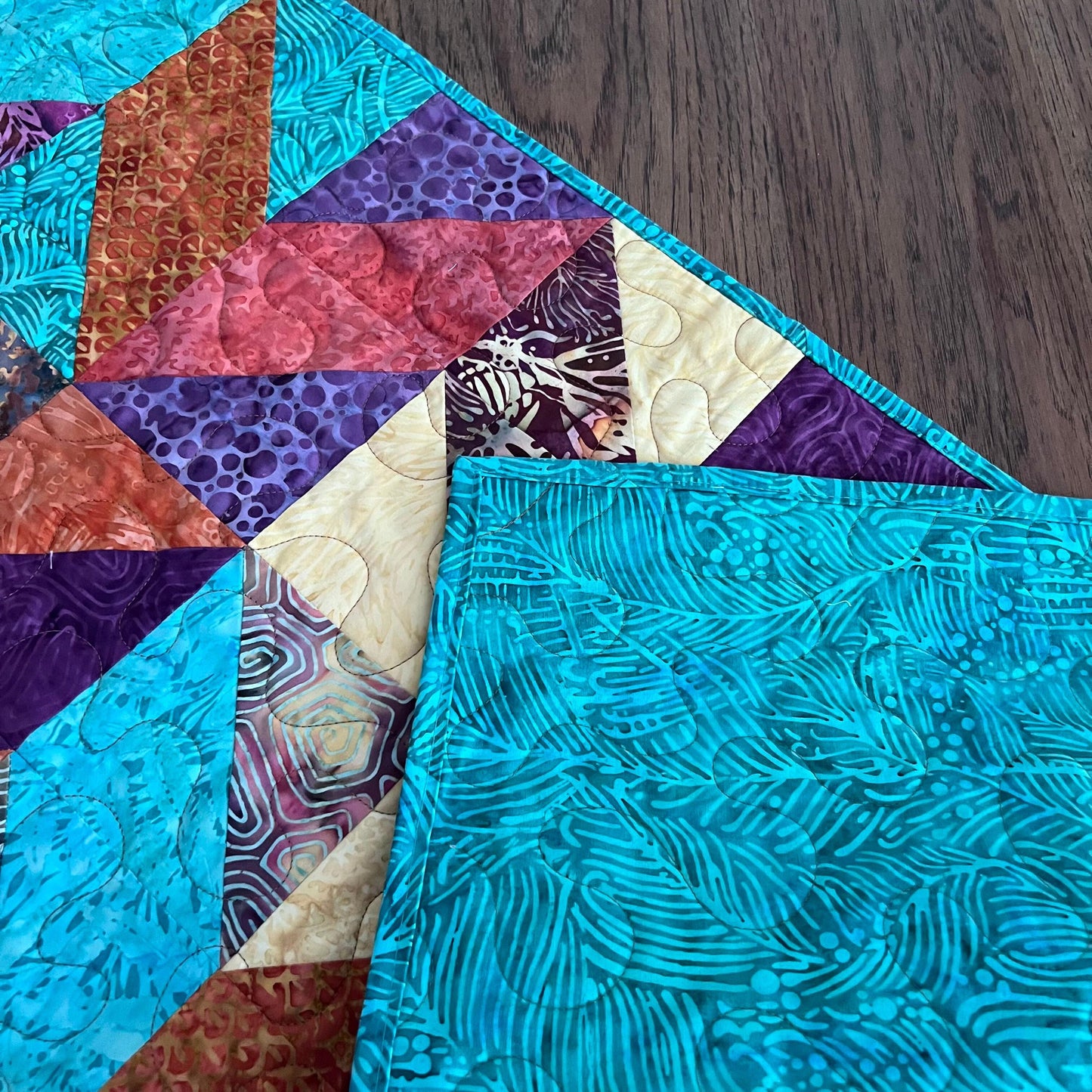 Teal Rust Purple Batik Chevron Quilted Table Runner, 16.5" x 40", Handmade Batik Chevron Table Runner Quilt