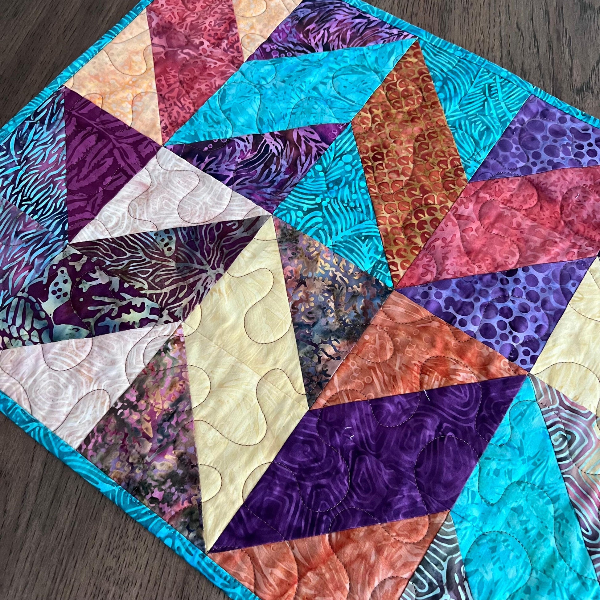 Teal Rust Purple Batik Chevron Quilted Table Runner, 16.5" x 40", Handmade Batik Chevron Table Runner Quilt