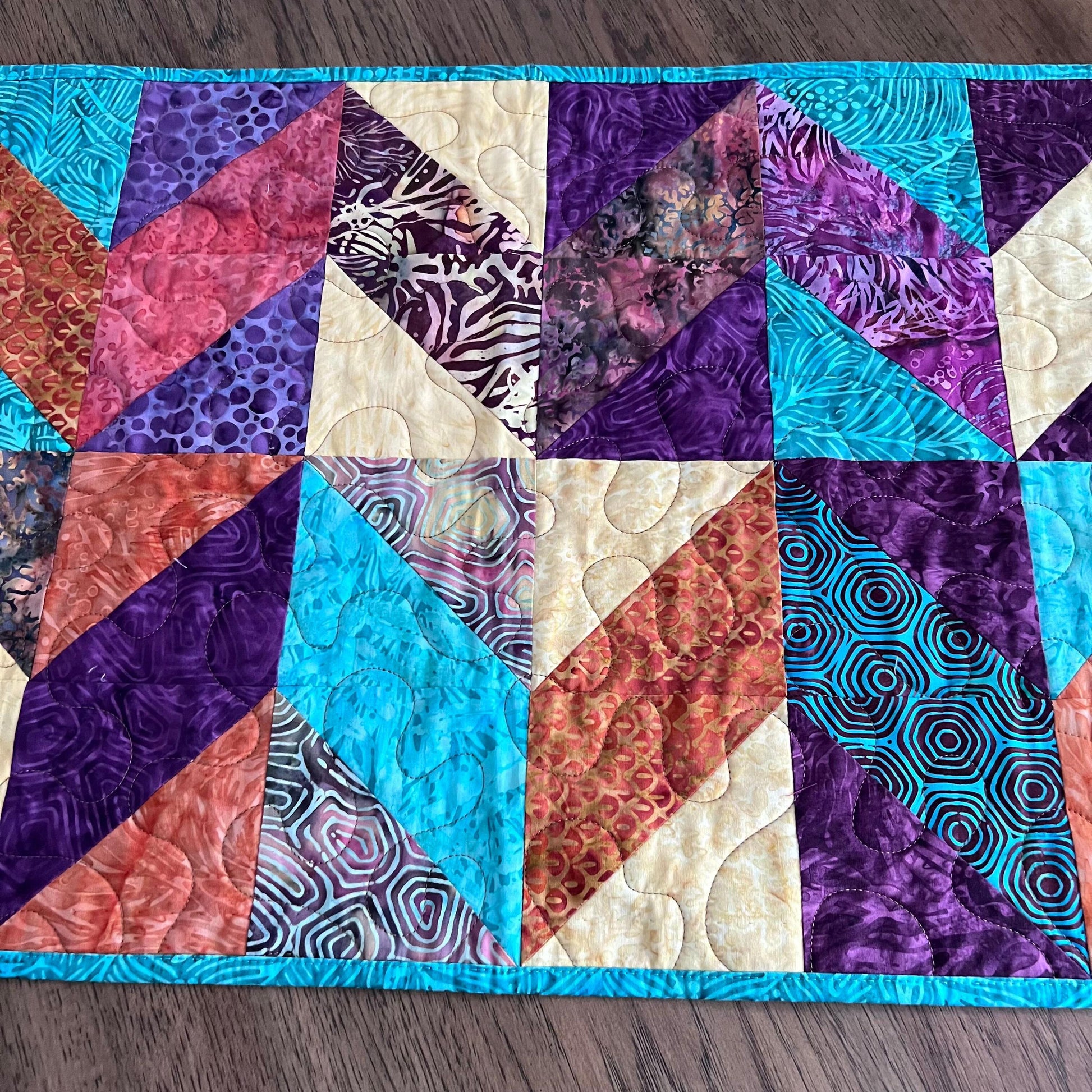 Teal Rust Purple Batik Chevron Quilted Table Runner, 16.5" x 40", Handmade Batik Chevron Table Runner Quilt