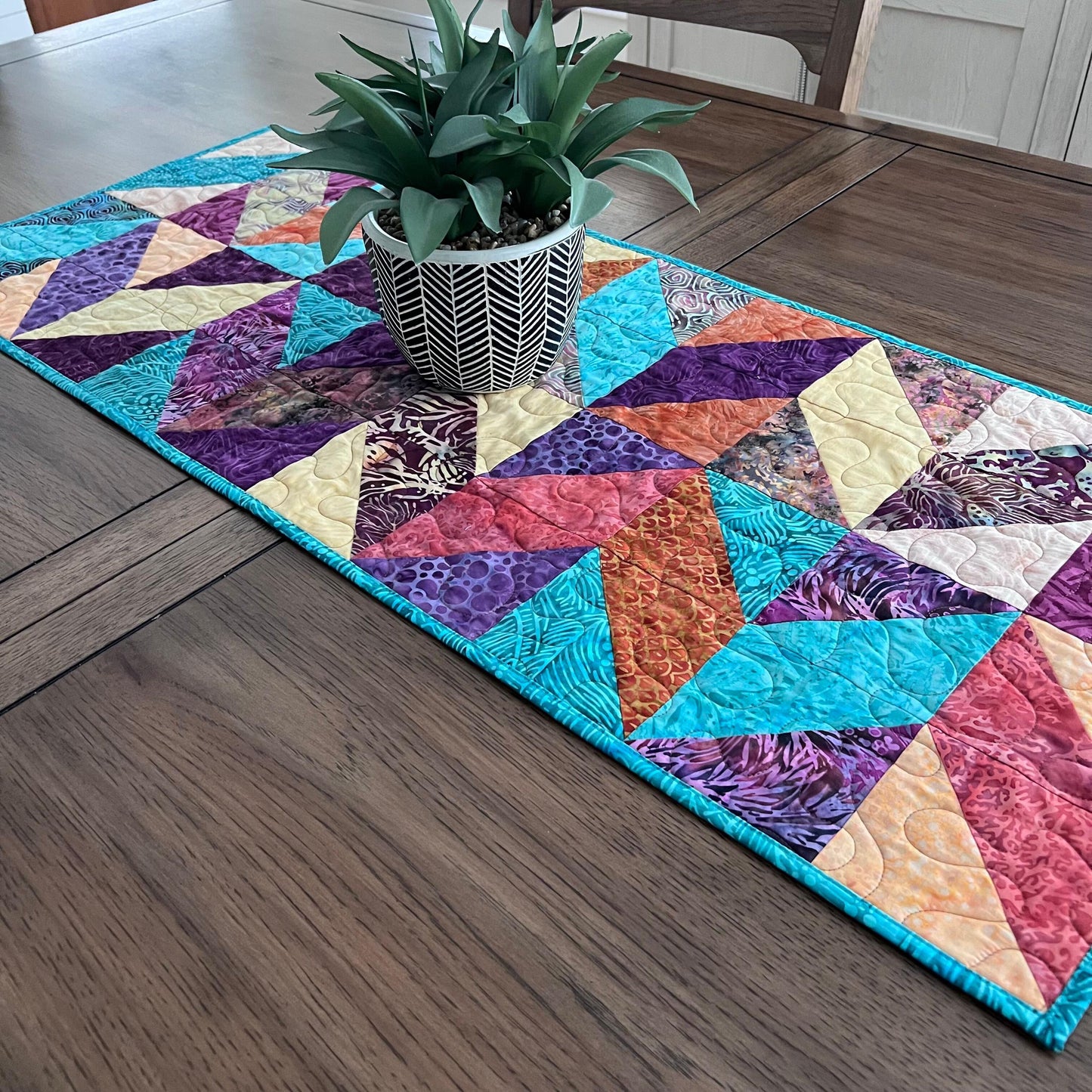 Teal Rust Purple Batik Chevron Quilted Table Runner, 16.5" x 40", Handmade Batik Chevron Table Runner Quilt