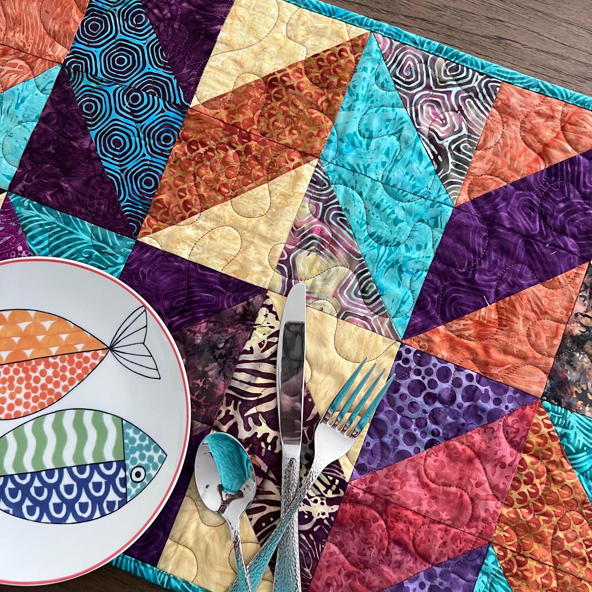 Teal Rust Purple Batik Chevron Quilted Table Runner, 16.5" x 40", Handmade Batik Chevron Table Runner Quilt