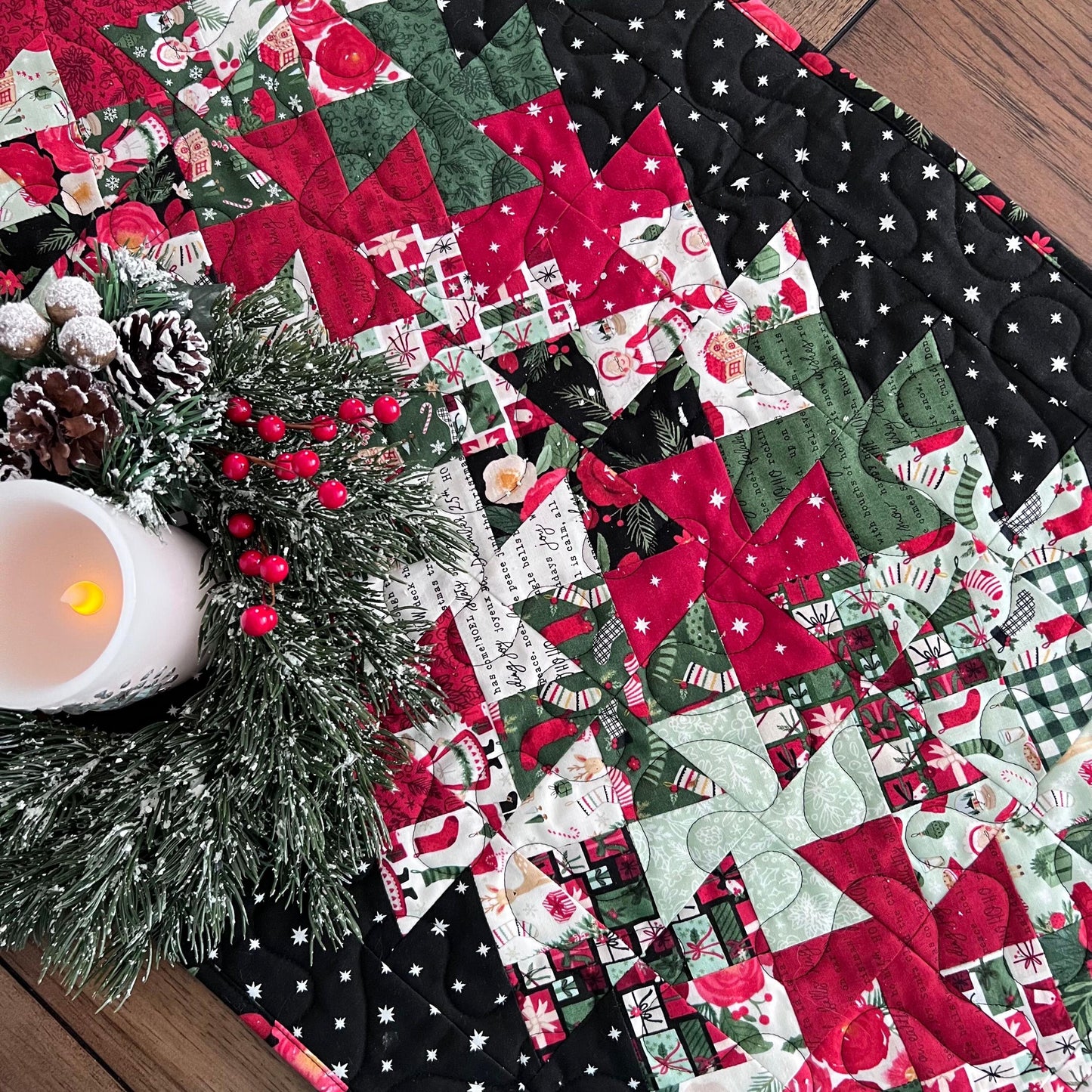 Christmas Quilted Table Runner, 18.5" x 37", Handmade Charming Christmas Twister Table Runner Quilt