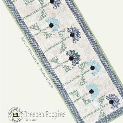 Dresden Poppies Table Runner Quilt Pattern, Suzn Quilts SUZ383, Yardage Friendly Tiny Dresden Plate Flowers Table Topper Pattern
