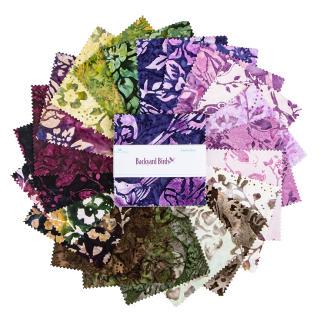 Expressions Batiks Backyard Birds 5" Stacker, Riley Blake 5-23584-42, 5" Precut Pink Purple Green Bird Floral Batik Fabric Squares