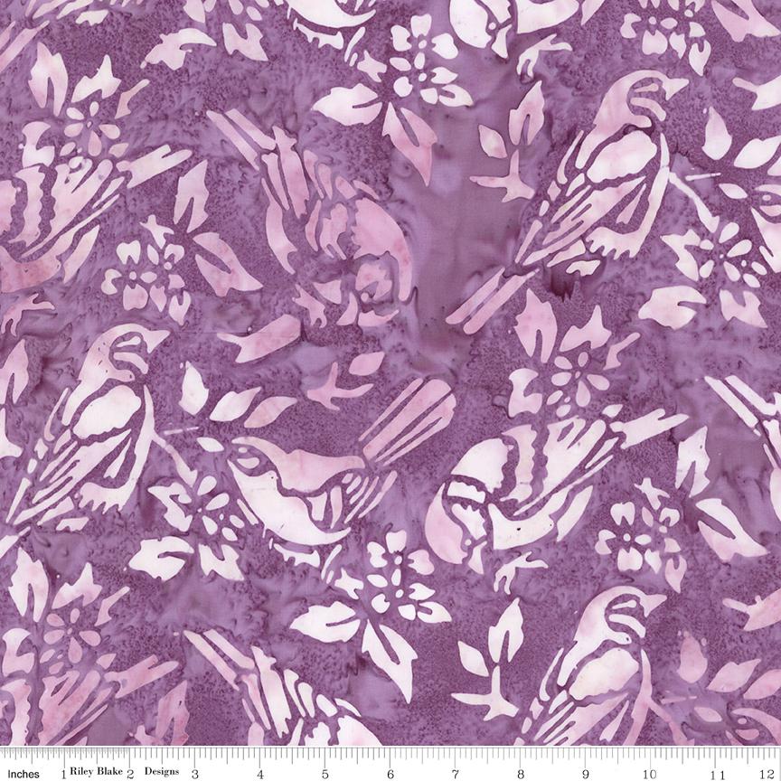 Expressions Batiks Backyard Birds 5" Stacker, Riley Blake 5-23584-42, 5" Precut Pink Purple Green Bird Floral Batik Fabric Squares
