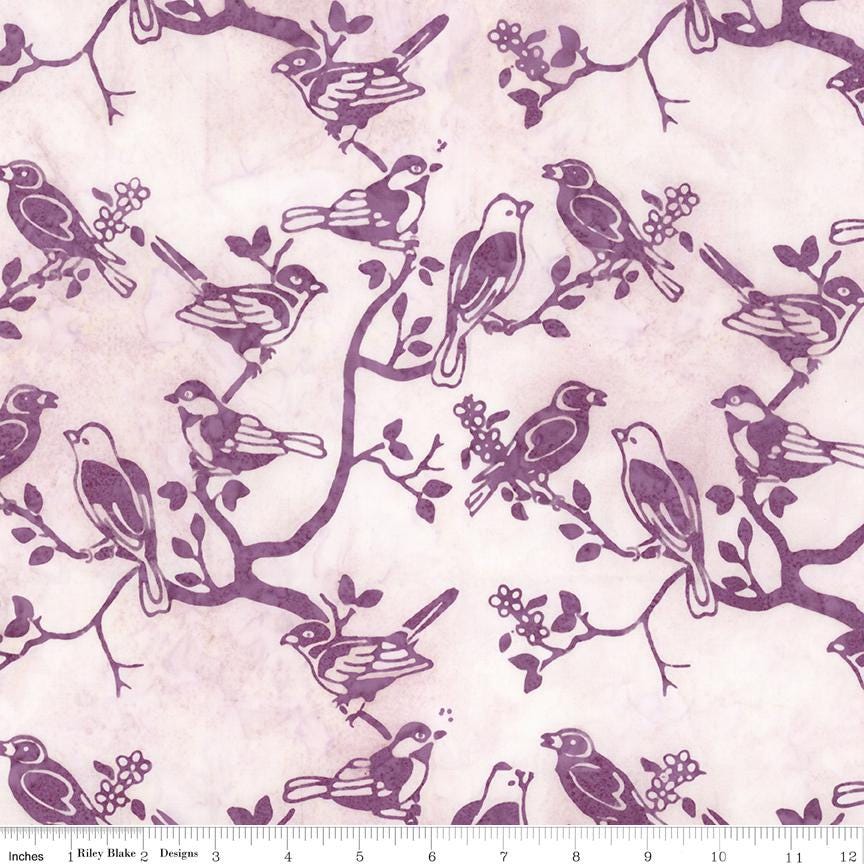 Expressions Batiks Backyard Birds 5" Stacker, Riley Blake 5-23584-42, 5" Precut Pink Purple Green Bird Floral Batik Fabric Squares