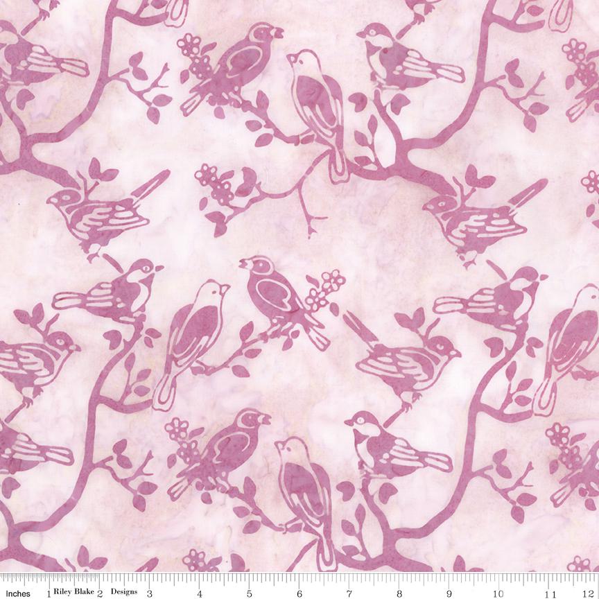 Expressions Batiks Backyard Birds 5" Stacker, Riley Blake 5-23584-42, 5" Precut Pink Purple Green Bird Floral Batik Fabric Squares