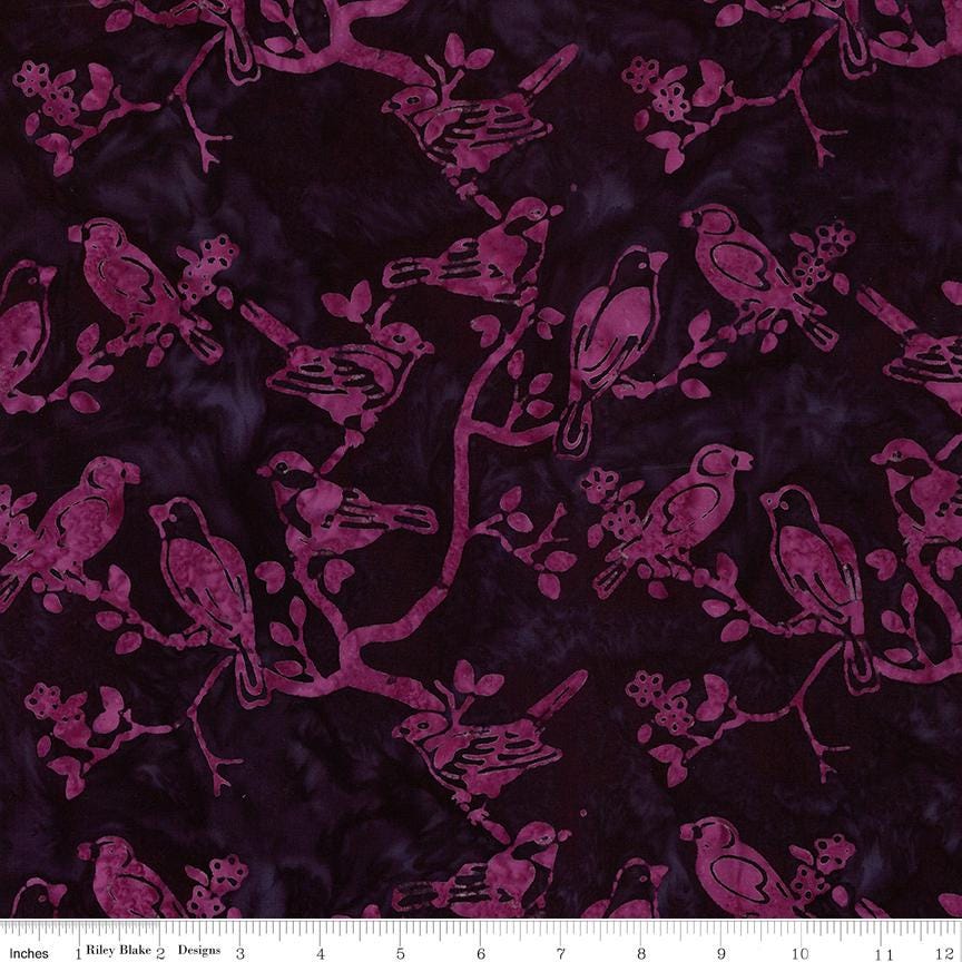 Expressions Batiks Backyard Birds 5" Stacker, Riley Blake 5-23584-42, 5" Precut Pink Purple Green Bird Floral Batik Fabric Squares