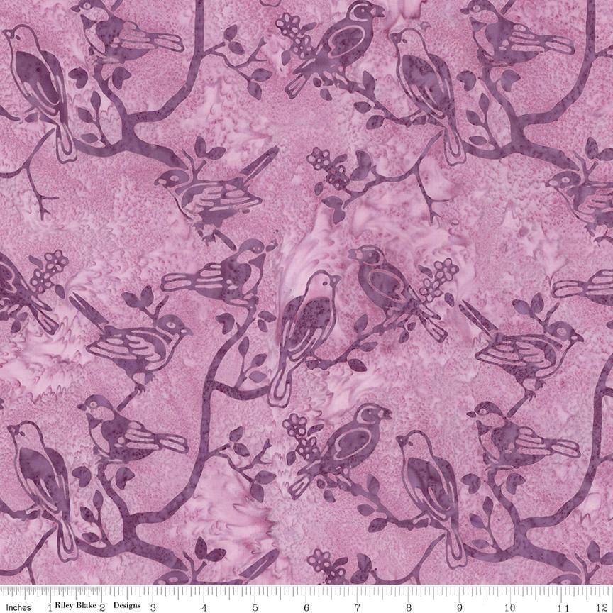 Expressions Batiks Backyard Birds 5" Stacker, Riley Blake 5-23584-42, 5" Precut Pink Purple Green Bird Floral Batik Fabric Squares