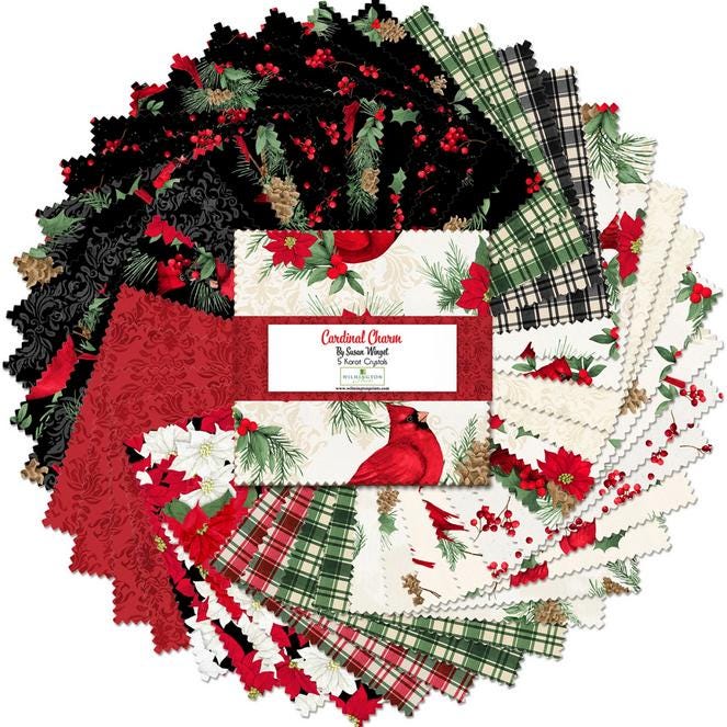 Cardinal Charm 5 Karat Crystals, Wilmington Prints 895-508, Precut 5" Christmas Cardinals Floral Fabric Squares Charm Pack
