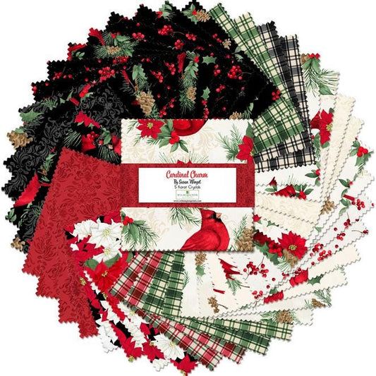 Cardinal Charm 5 Karat Crystals, Wilmington Prints 895-508, Precut 5" Christmas Cardinals Floral Fabric Squares Charm Pack
