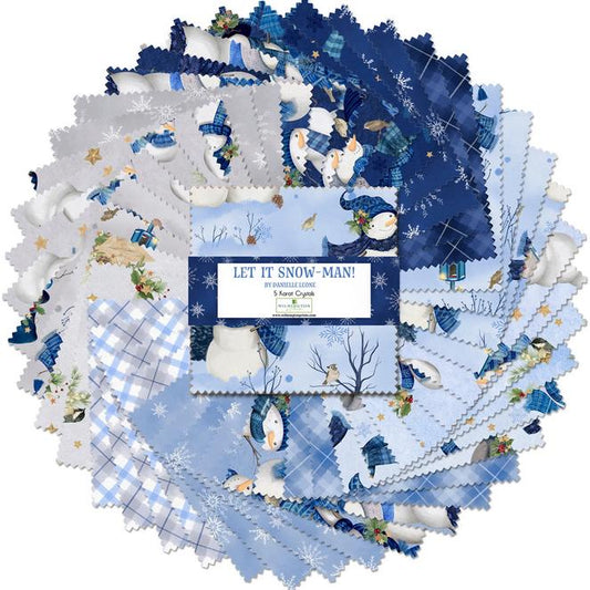 Let It Snow Man 5 Karat Crystals, Wilmington Prints 899-508, Precut 5" Blue White Gray Christmas Winter Snowman Fabric Squares Charm Pack