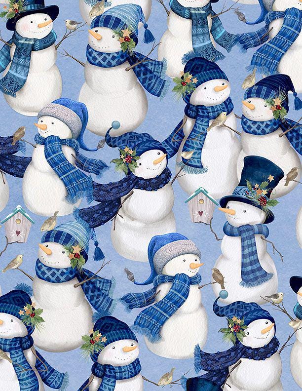 Let It Snow Man 5 Karat Crystals, Wilmington Prints 899-508, Precut 5" Blue White Gray Christmas Winter Snowman Fabric Squares Charm Pack