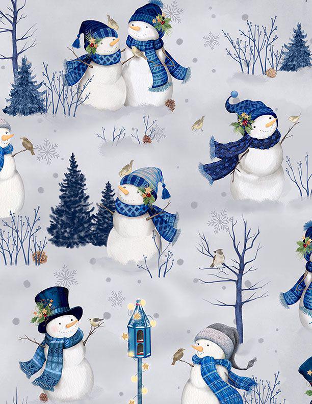 Let It Snow Man 5 Karat Crystals, Wilmington Prints 899-508, Precut 5" Blue White Gray Christmas Winter Snowman Fabric Squares Charm Pack