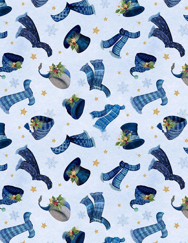 Let It Snow Man 5 Karat Crystals, Wilmington Prints 899-508, Precut 5" Blue White Gray Christmas Winter Snowman Fabric Squares Charm Pack
