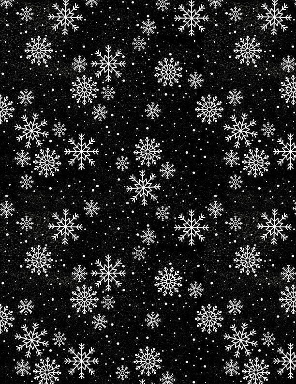 Snowy Gnomies - White Snowflakes on Black Fabric, Wilmington Prints 49376-919, Black White Christmas Snowflake Fabric, By the Yard