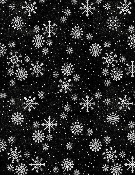 Snowy Gnomies - White Snowflakes on Black Fabric, Wilmington Prints 49376-919, Black White Christmas Snowflake Fabric, By the Yard