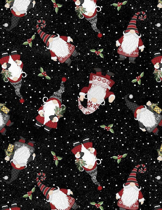 Snowy Gnomies - Gnome Toss on Black Fabric, Wilmington Prints 49373-991, Christmas Gnome Fabric, By the Yard