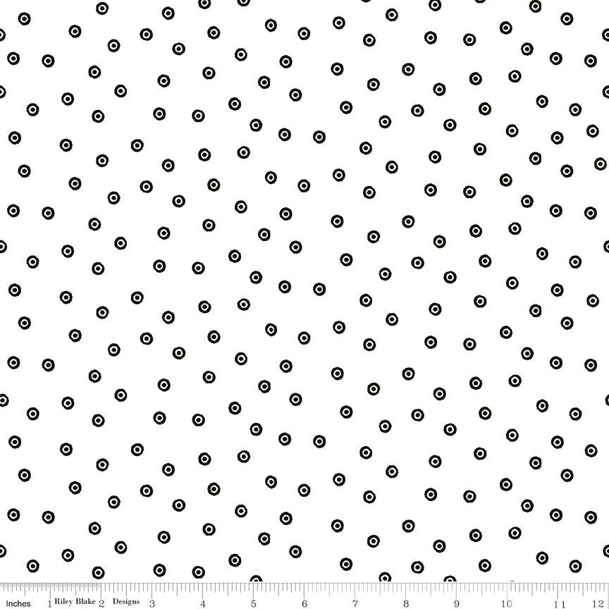 Scary Scraps - Black Circled Dots on White Fabric, Riley Blake C17609-White, Polka Dot Cotton Quilt Fabric, J. Frisch, By the Yard