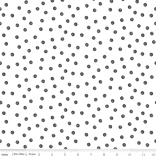 Scary Scraps - Black Circled Dots on White Fabric, Riley Blake C17609-White, Polka Dot Cotton Quilt Fabric, J. Frisch, By the Yard