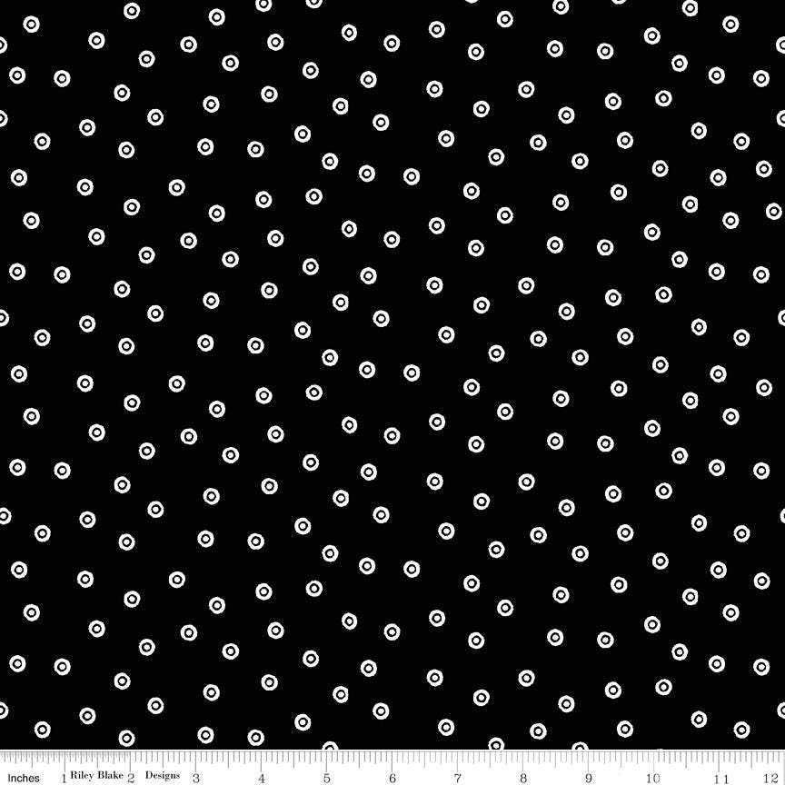 Scary Scraps - White Circled Dots on Black Fabric, Riley Blake C17609-Black, Polka Dot Cotton Quilt Fabric, J. Frisch, By the Yard