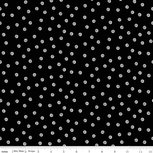 Scary Scraps - White Circled Dots on Black Fabric, Riley Blake C17609-Black, Polka Dot Cotton Quilt Fabric, J. Frisch, By the Yard