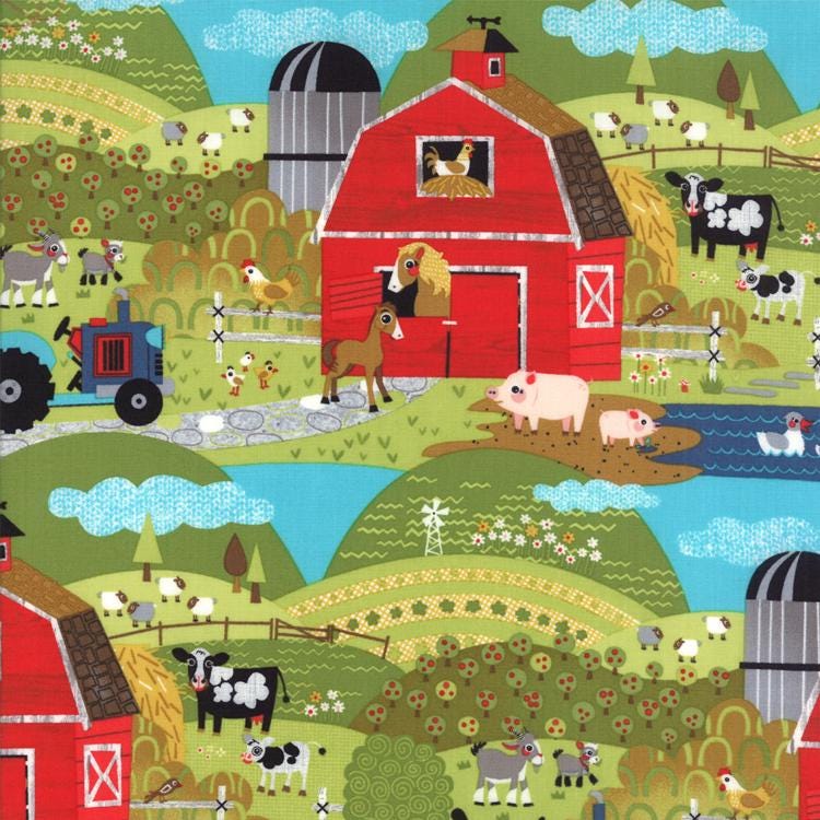 Oink A Doodle Moo 5" Charm Pack OOP, Moda 30520PP, Precut 5" Farm Animals Barnyard Juvenile Primary Colors Fabric, Jenn Ski