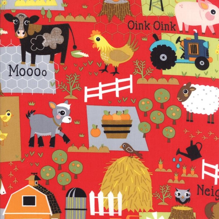 Oink A Doodle Moo 5" Charm Pack OOP, Moda 30520PP, Precut 5" Farm Animals Barnyard Juvenile Primary Colors Fabric, Jenn Ski