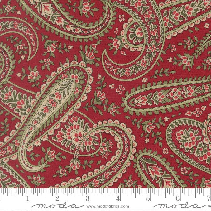 Candlelight Christmas 2.5" Jelly Roll, Moda 44420JR, Precut 2.5" Paisley Floral Red Green Black Cream Christmas Fabric Strips, 3 Sisters