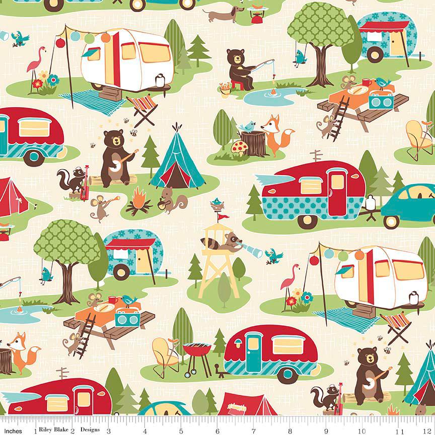 Road Trip 5" Stacker OOP, Riley Blake 5-5620-42, Precut 5" Bears Camping Travel Themed Juvenile Novelty Fabric Squares