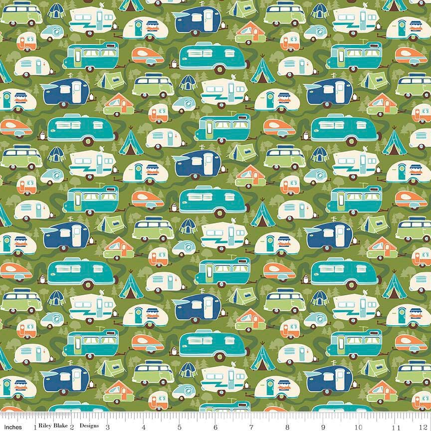 Road Trip 5" Stacker OOP, Riley Blake 5-5620-42, Precut 5" Bears Camping Travel Themed Juvenile Novelty Fabric Squares