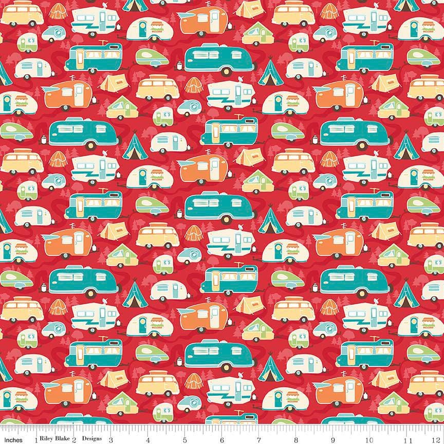 Road Trip 5" Stacker OOP, Riley Blake 5-5620-42, Precut 5" Bears Camping Travel Themed Juvenile Novelty Fabric Squares