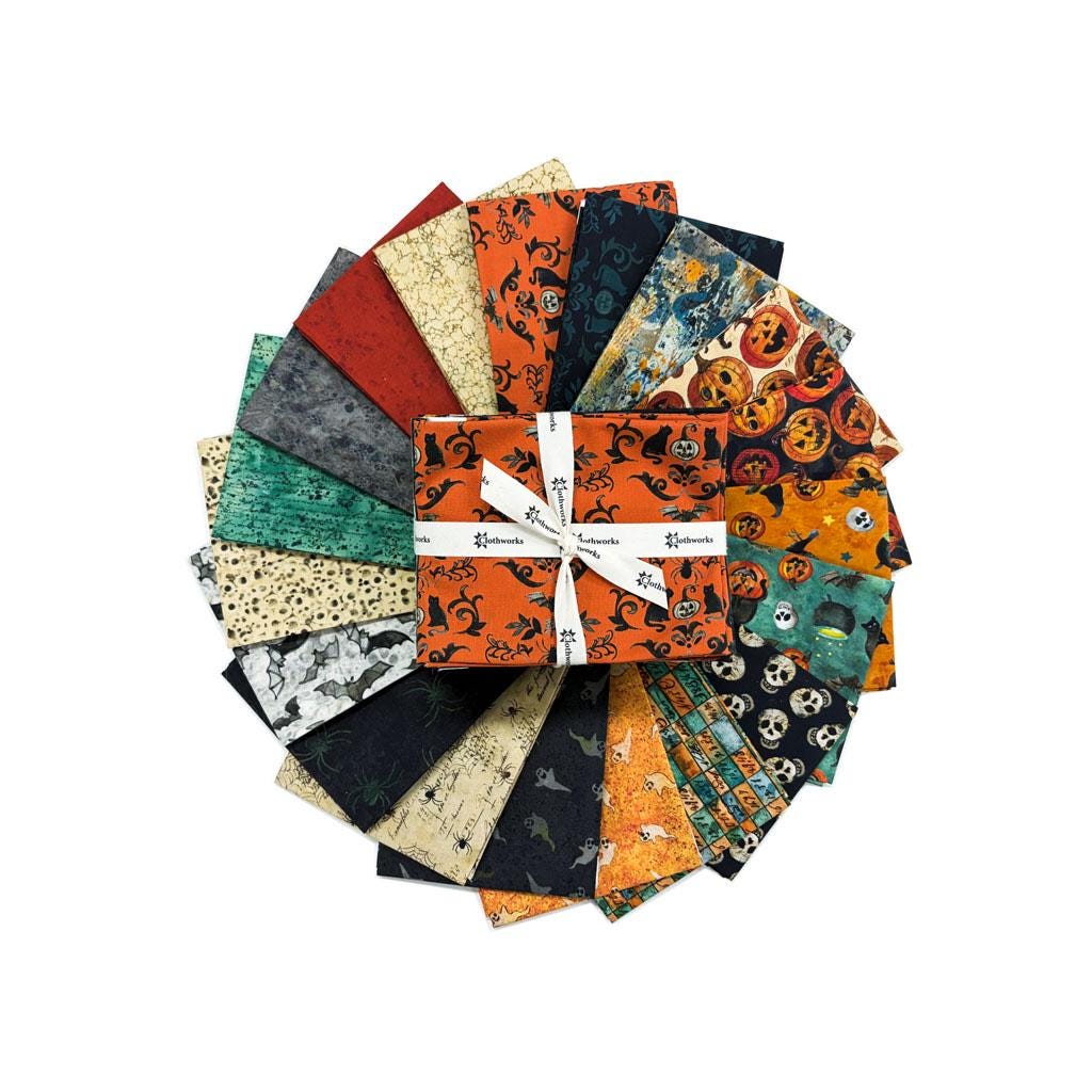 Emerald Hollow 20 Fat Quarters Halloween Fabric Bundle, Clothworks FQ0551, Cotton Halloween Quilt Fabric, Sue Zipkin