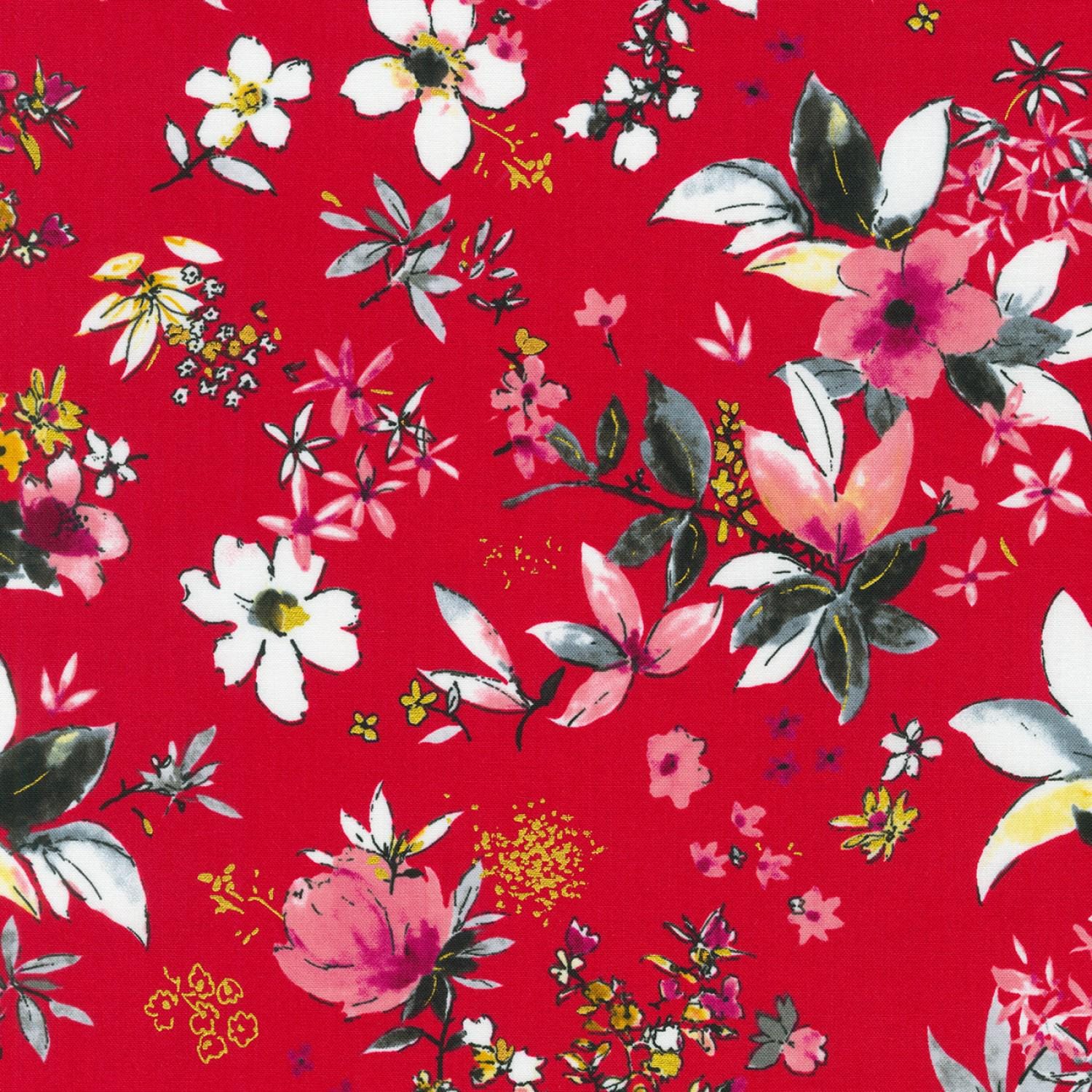 Rosette 10" Squares, Robert Kaufman TEN-1116-42, Precut 10" Red Pink Black Gray Metallic Gold Modern Floral Fabric Squares
