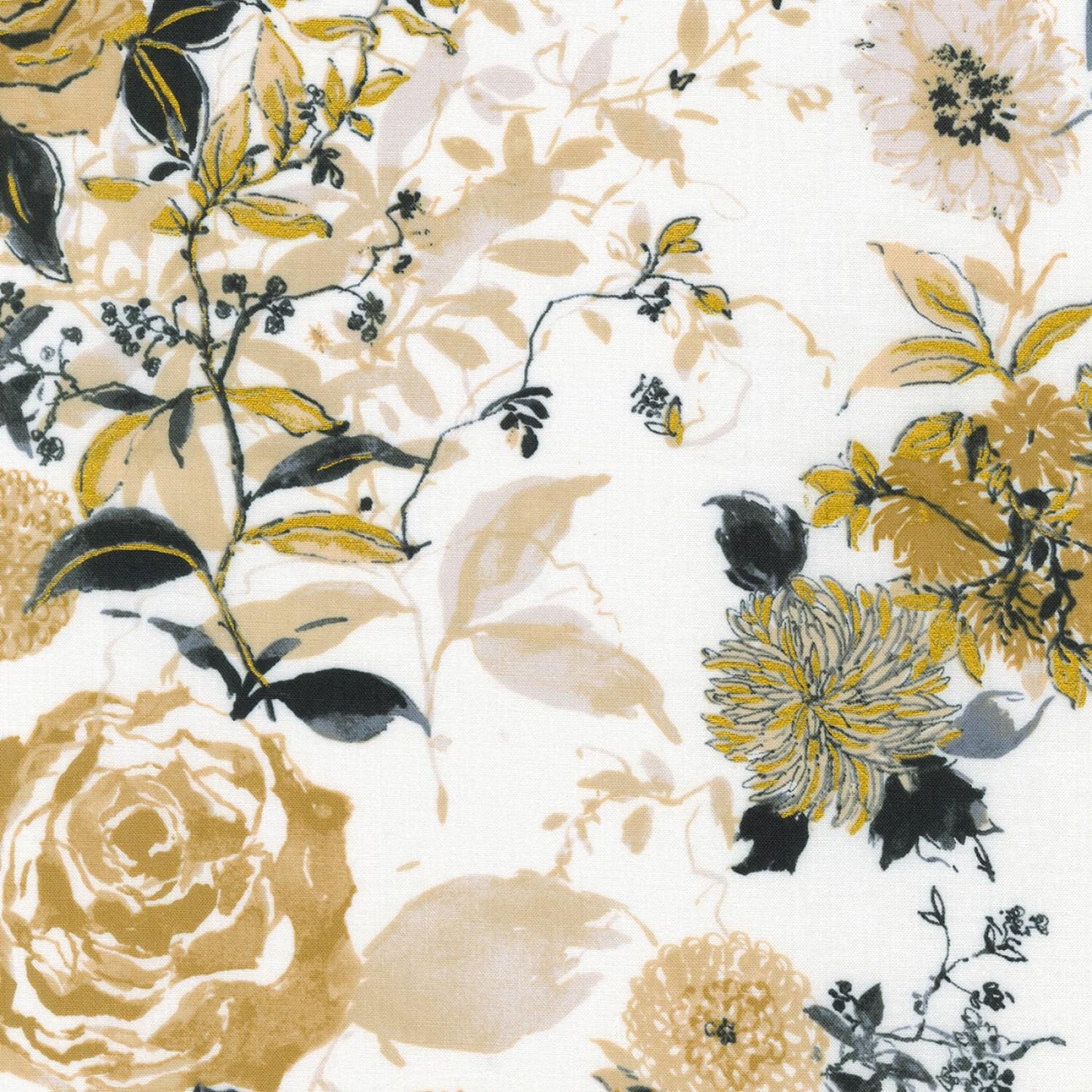 Rosette 10" Squares, Robert Kaufman TEN-1116-42, Precut 10" Red Pink Black Gray Metallic Gold Modern Floral Fabric Squares