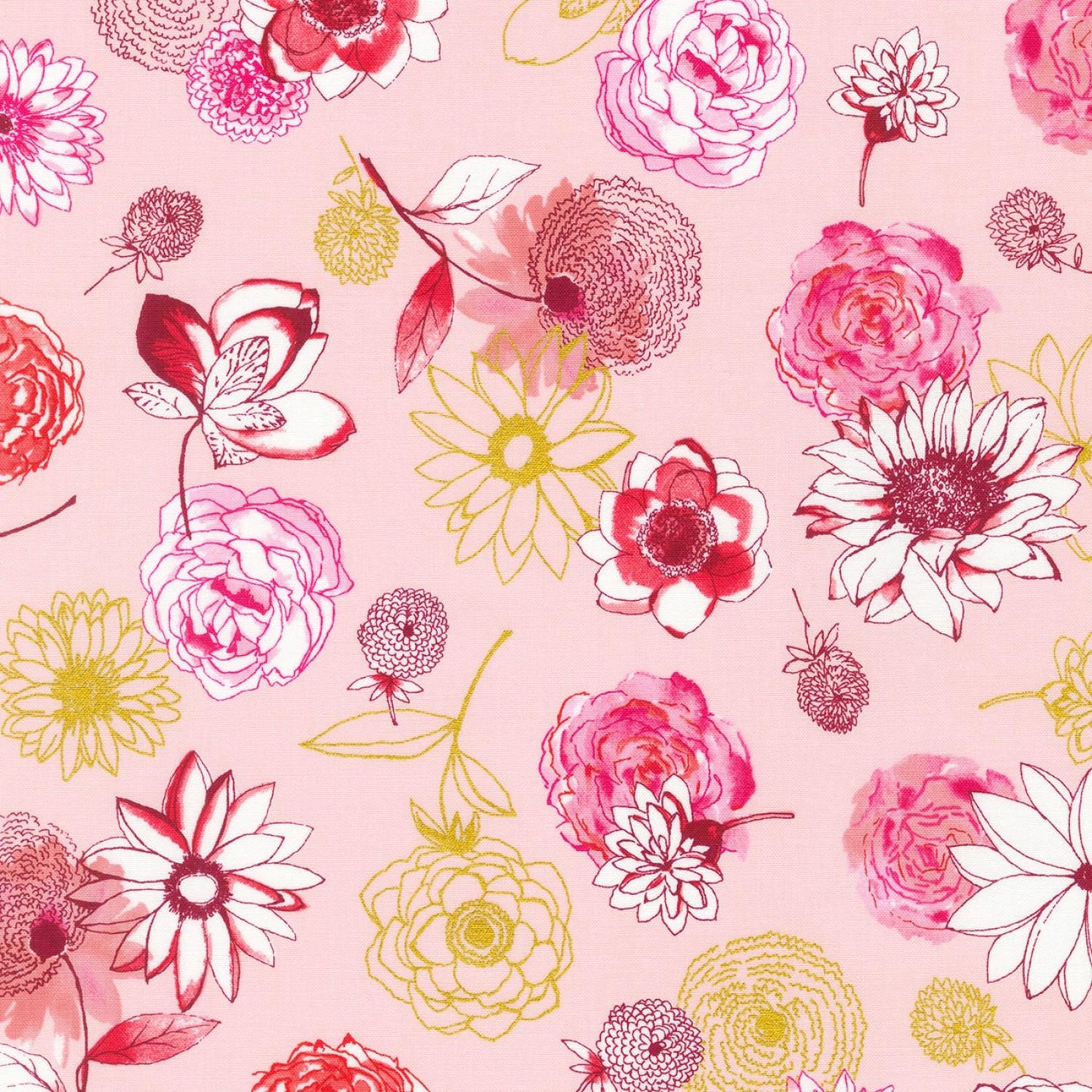 Rosette 10" Squares, Robert Kaufman TEN-1116-42, Precut 10" Red Pink Black Gray Metallic Gold Modern Floral Fabric Squares