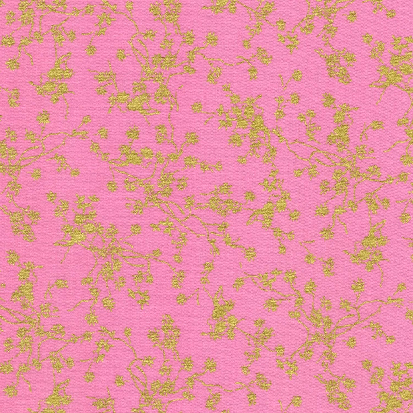 Rosette - 2-Yard Cut of Pink Gold Floral Blender Fabric, Robert Kaufman SRKM2128510, Gold Metallic Vines on Pink Fabric