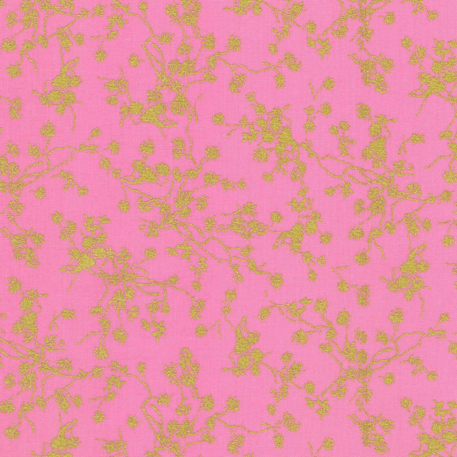 Rosette - 2-Yard Cut of Pink Gold Floral Blender Fabric, Robert Kaufman SRKM2128510, Gold Metallic Vines on Pink Fabric